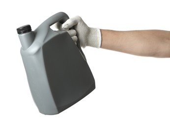 Photo of Man with grey canister of motor oil on white background, closeup