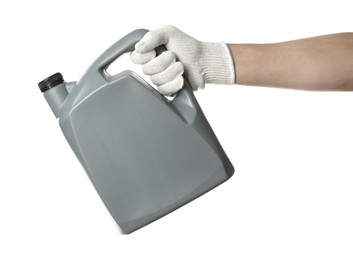 Photo of Man with grey canister of motor oil on white background, closeup