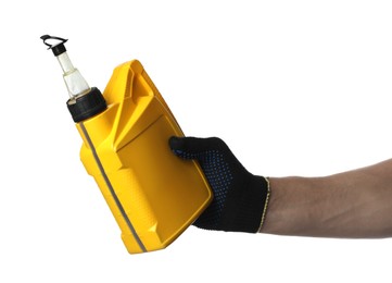 Photo of Man with yellow canister of motor oil on white background, closeup