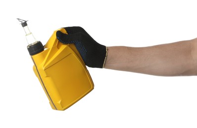 Photo of Man with yellow canister of motor oil on white background, closeup