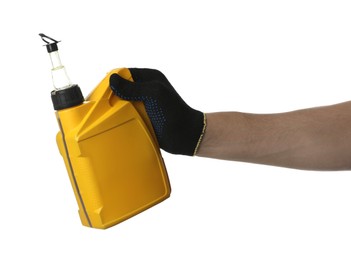 Photo of Man with yellow canister of motor oil on white background, closeup