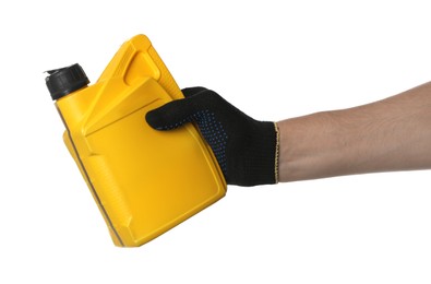 Photo of Man with yellow canister of motor oil on white background, closeup