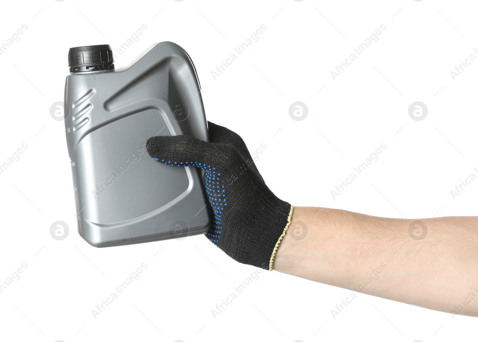 Man with grey canister of motor oil on white background, closeup Photo of Man with grey canister of motor oil on white background, closeup