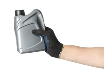Photo of Man with grey canister of motor oil on white background, closeup