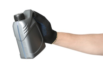 Photo of Man with grey canister of motor oil on white background, closeup