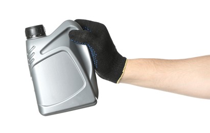 Photo of Man with grey canister of motor oil on white background, closeup