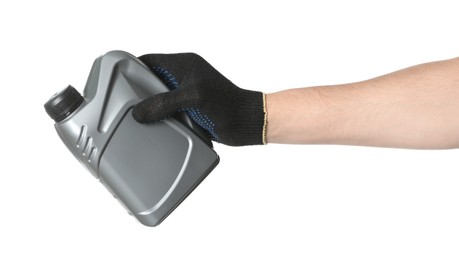 Photo of Man with grey canister of motor oil on white background, closeup