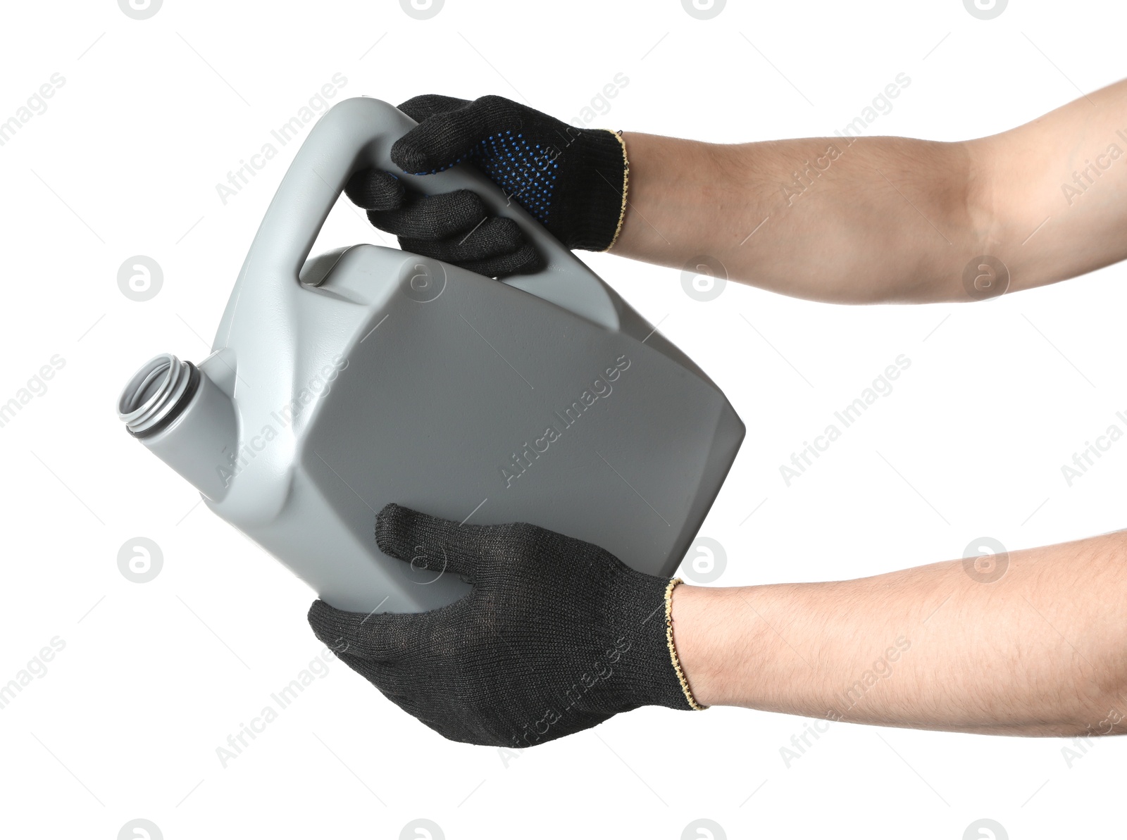 Man with grey canister of motor oil on white background, closeup Photo of Man with grey canister of motor oil on white background, closeup