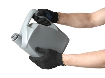 Photo of Man with grey canister of motor oil on white background, closeup