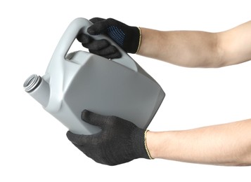Photo of Man with grey canister of motor oil on white background, closeup