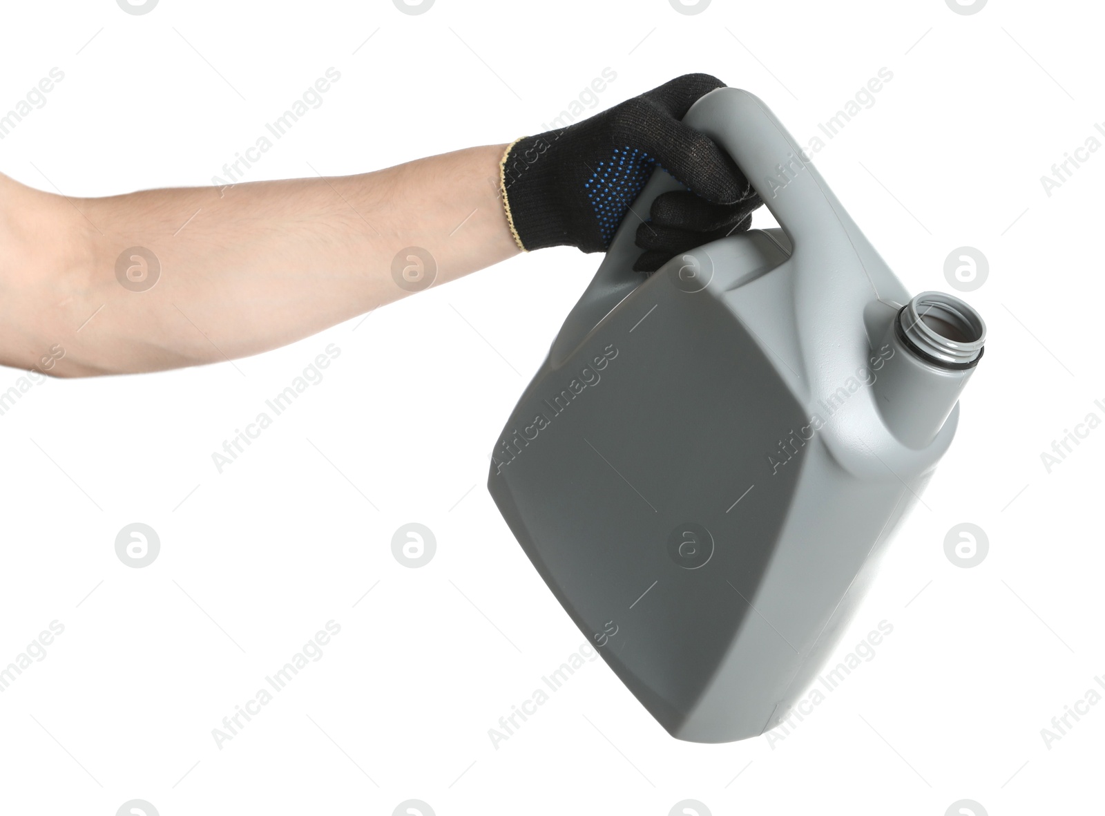 Man with grey canister of motor oil on white background, closeup Photo of Man with grey canister of motor oil on white background, closeup