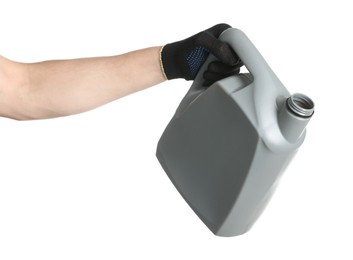 Photo of Man with grey canister of motor oil on white background, closeup