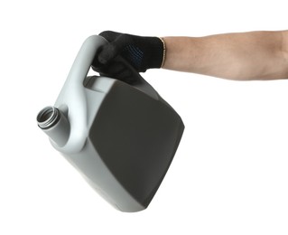Photo of Man with grey canister of motor oil on white background, closeup