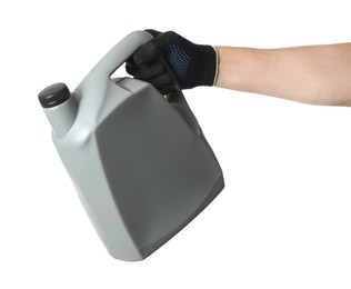 Photo of Man with grey canister of motor oil on white background, closeup