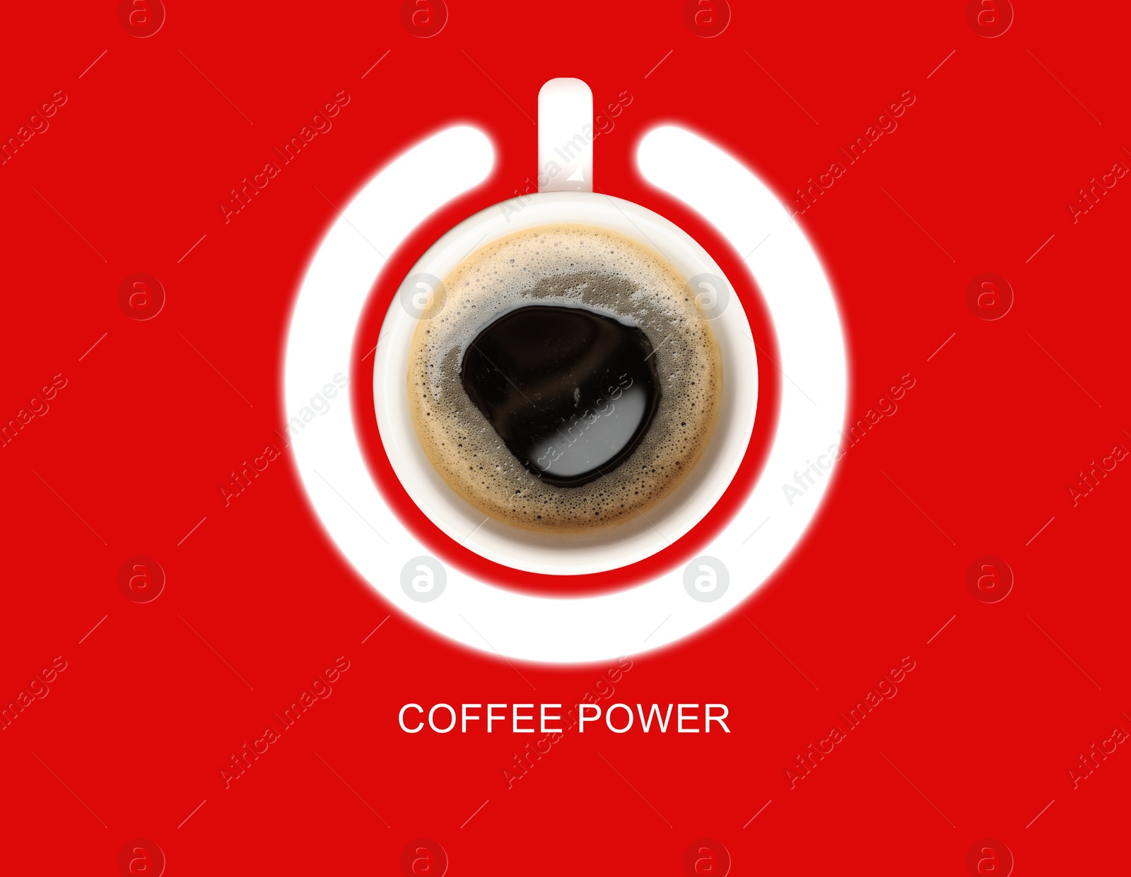 Coffee power. Standby symbol made of cup and circle on red background, top view Image of Coffee power. Standby symbol made of cup and circle on red background, top view