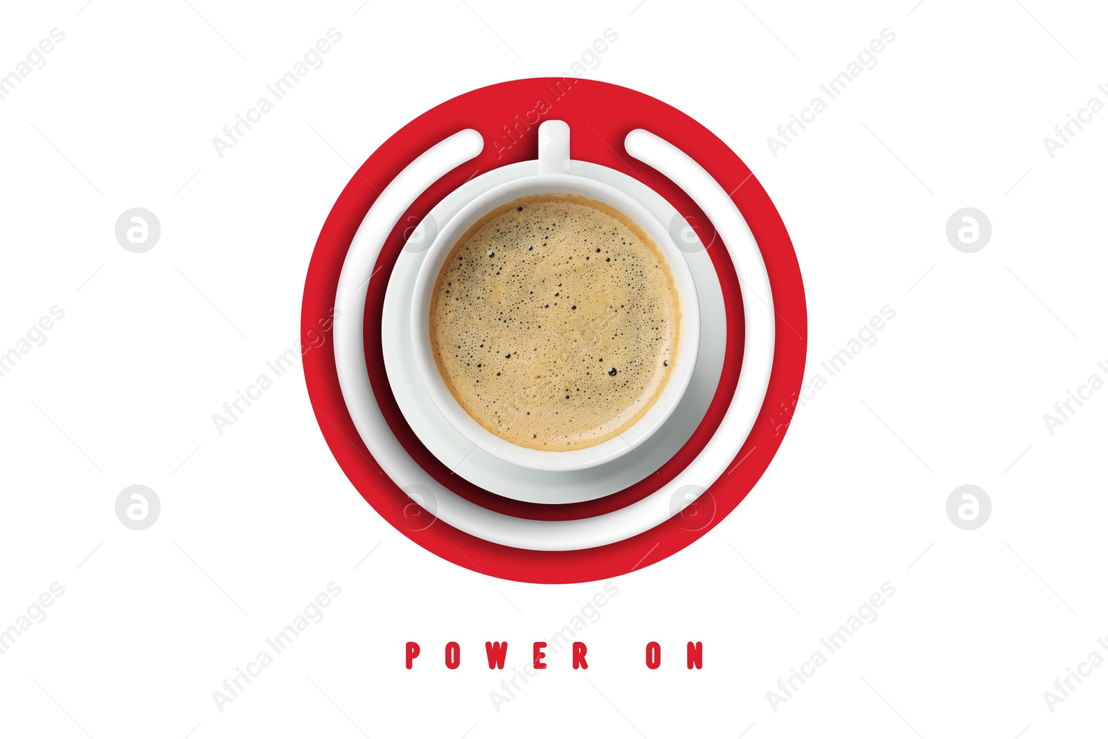 Image of Power On phrase and standby symbol with cup of coffee on white background, top view