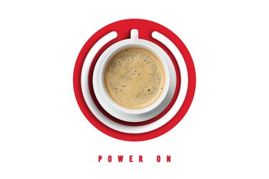 Image of Power On phrase and standby symbol with cup of coffee on white background, top view
