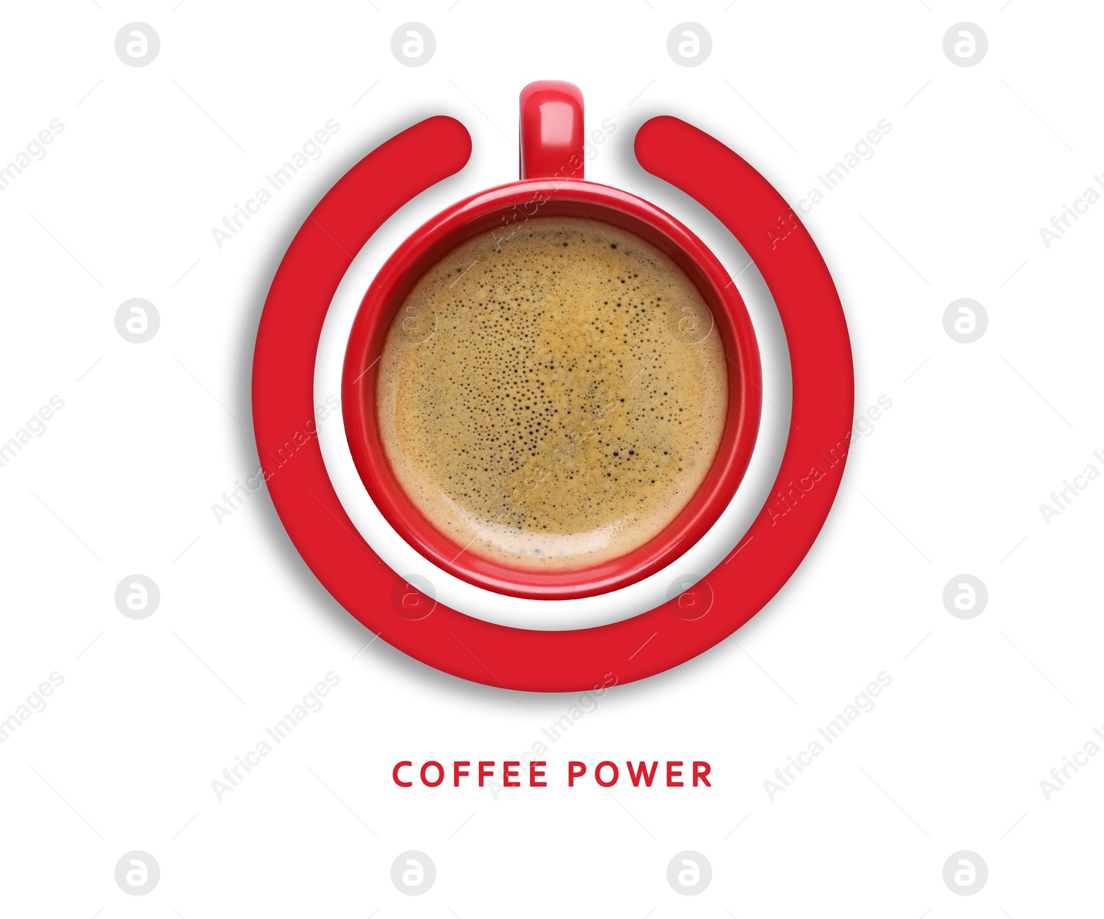 Coffee power. Standby symbol made of cup and circle on white background, top view Image of Coffee power. Standby symbol made of cup and circle on white background, top view