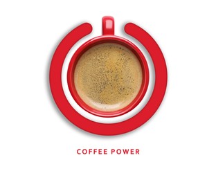 Image of Coffee power. Standby symbol made of cup and circle on white background, top view