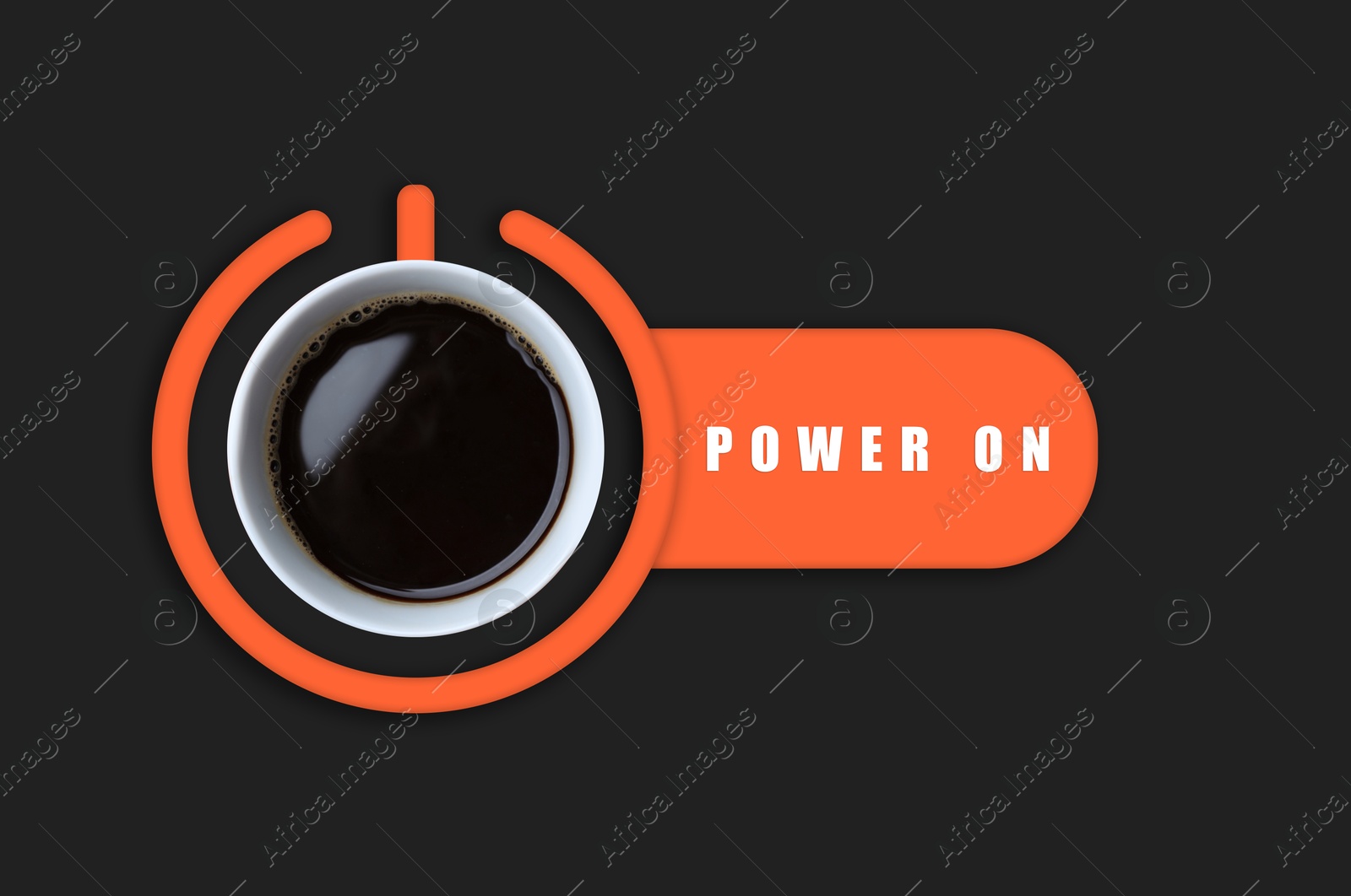 Power On phrase and standby symbol with cup of coffee on black background, top view Image of Power On phrase and standby symbol with cup of coffee on black background, top view