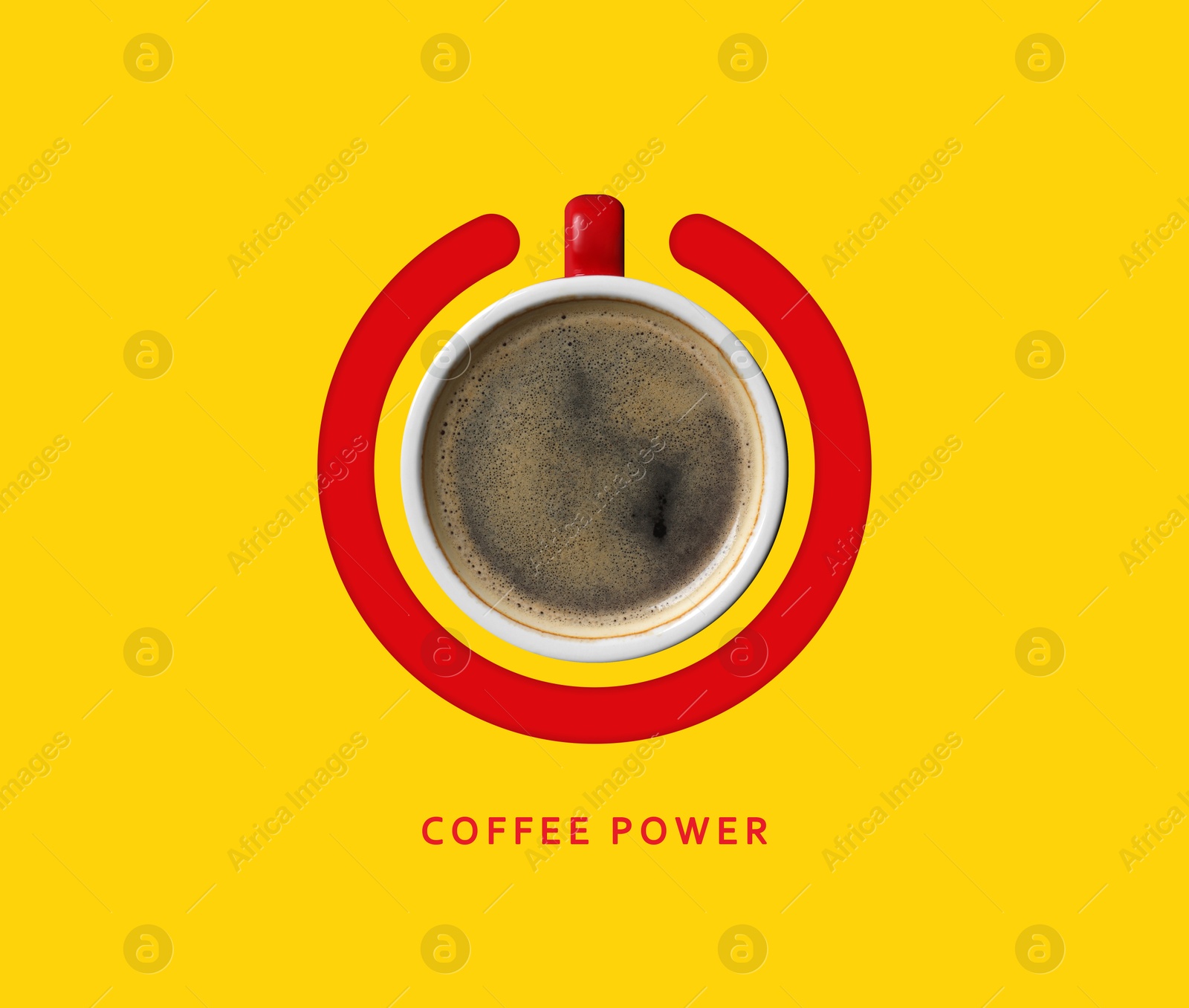 Coffee power. Standby symbol made of cup and circle on yellow background, top view Image of Coffee power. Standby symbol made of cup and circle on yellow background, top view