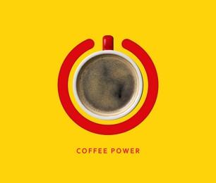 Image of Coffee power. Standby symbol made of cup and circle on yellow background, top view