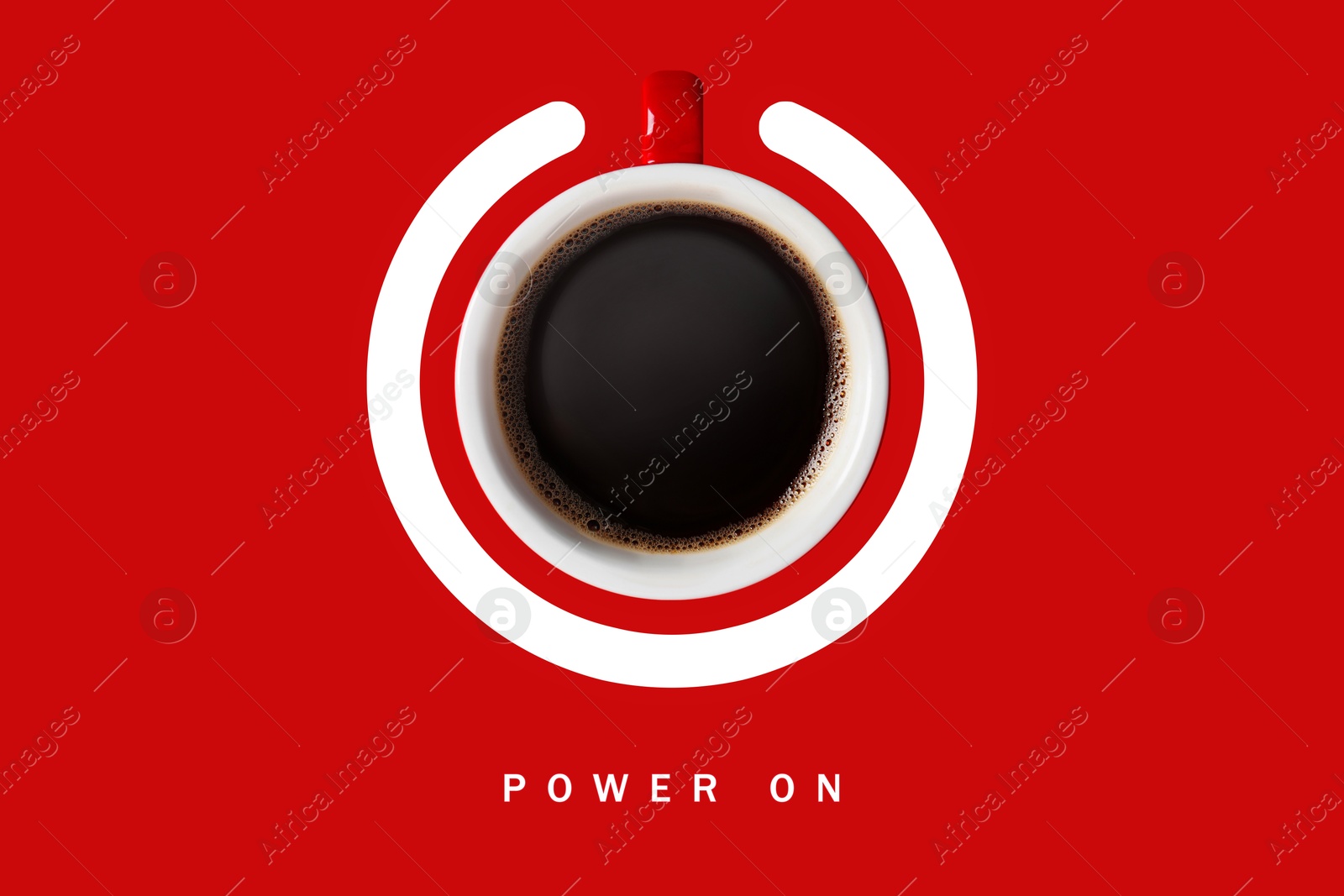 Power On phrase and standby symbol with cup of coffee on red background, top view Image of Power On phrase and standby symbol with cup of coffee on red background, top view