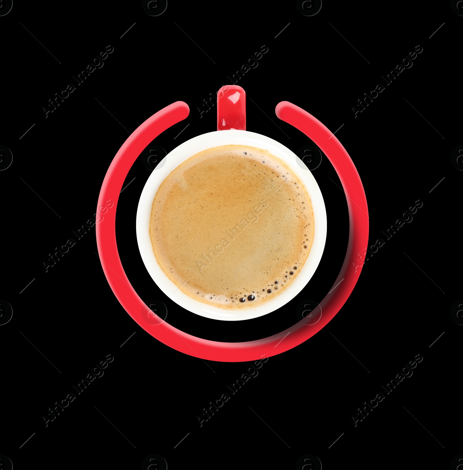 Power On phrase and standby symbol with cup of coffee on black background, top view Image of Power On phrase and standby symbol with cup of coffee on black background, top view