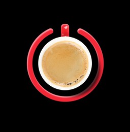 Image of Power On phrase and standby symbol with cup of coffee on black background, top view