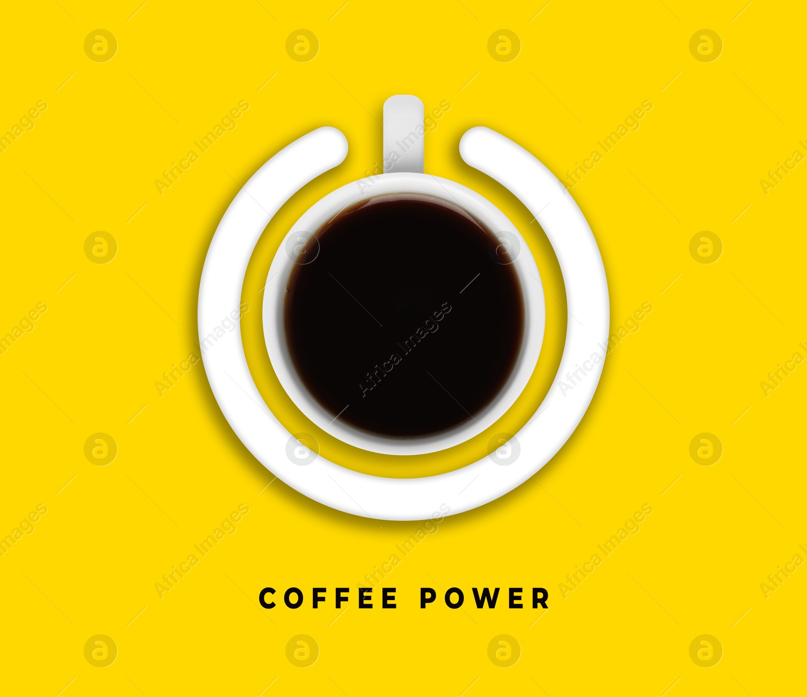 Coffee power. Standby symbol made of cup and circle on yellow background, top view Image of Coffee power. Standby symbol made of cup and circle on yellow background, top view