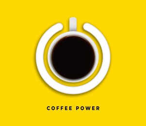 Image of Coffee power. Standby symbol made of cup and circle on yellow background, top view