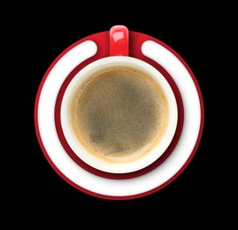 Image of Cup of coffee and circle combined into power symbol on black background, top view