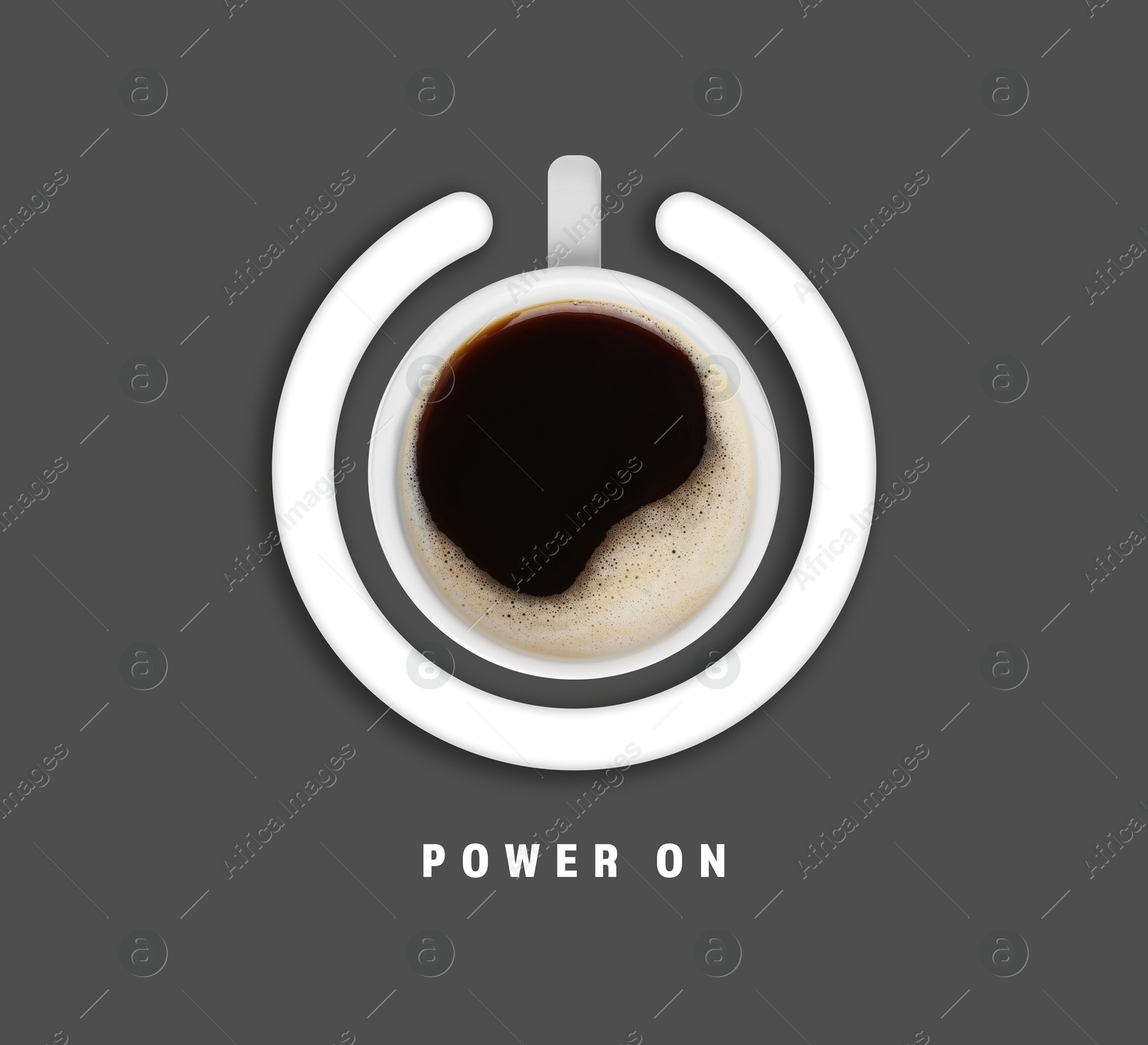 Power On phrase and standby symbol with cup of coffee on grey background, top view Image of Power On phrase and standby symbol with cup of coffee on grey background, top view