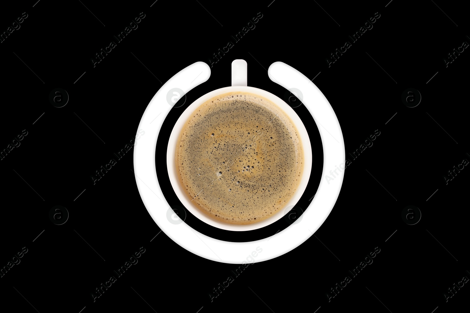 Cup of coffee and circle combined into power symbol on black background, top view Image of Cup of coffee and circle combined into power symbol on black background, top view