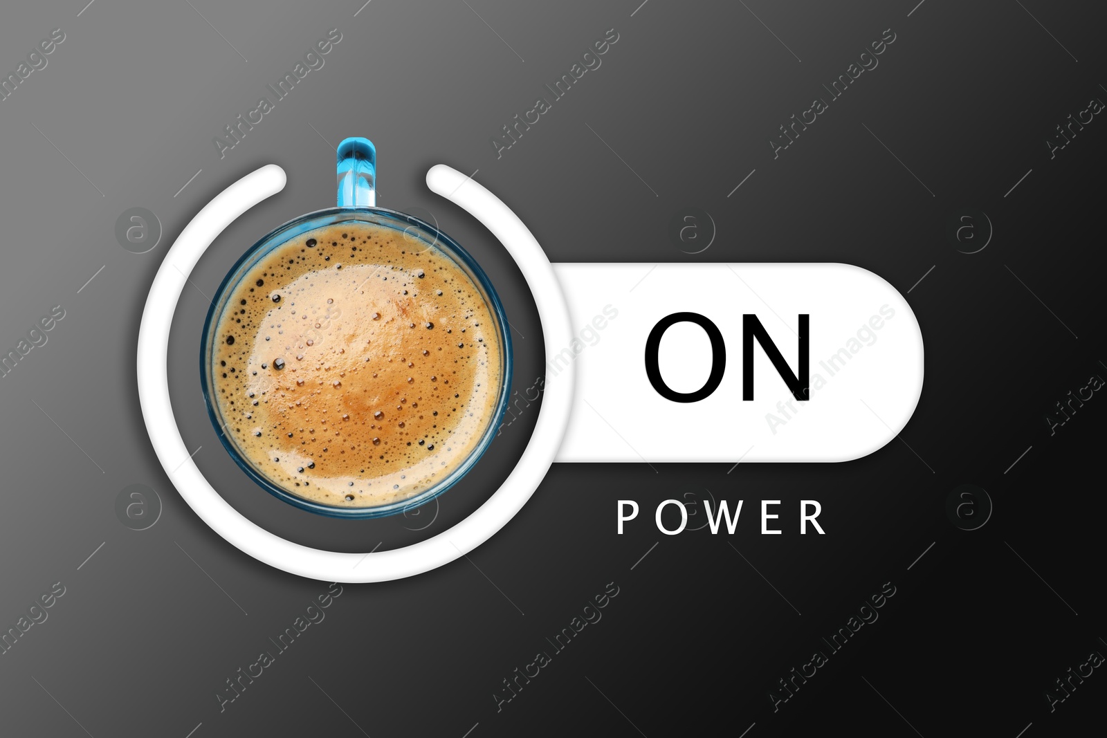 Power On phrase and standby symbol with cup of coffee on black background, top view Image of Power On phrase and standby symbol with cup of coffee on black background, top view