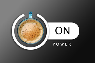Image of Power On phrase and standby symbol with cup of coffee on black background, top view