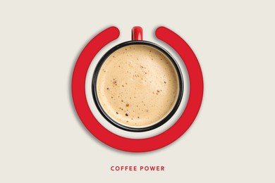 Image of Coffee power. Standby symbol made of cup and circle on light background, top view