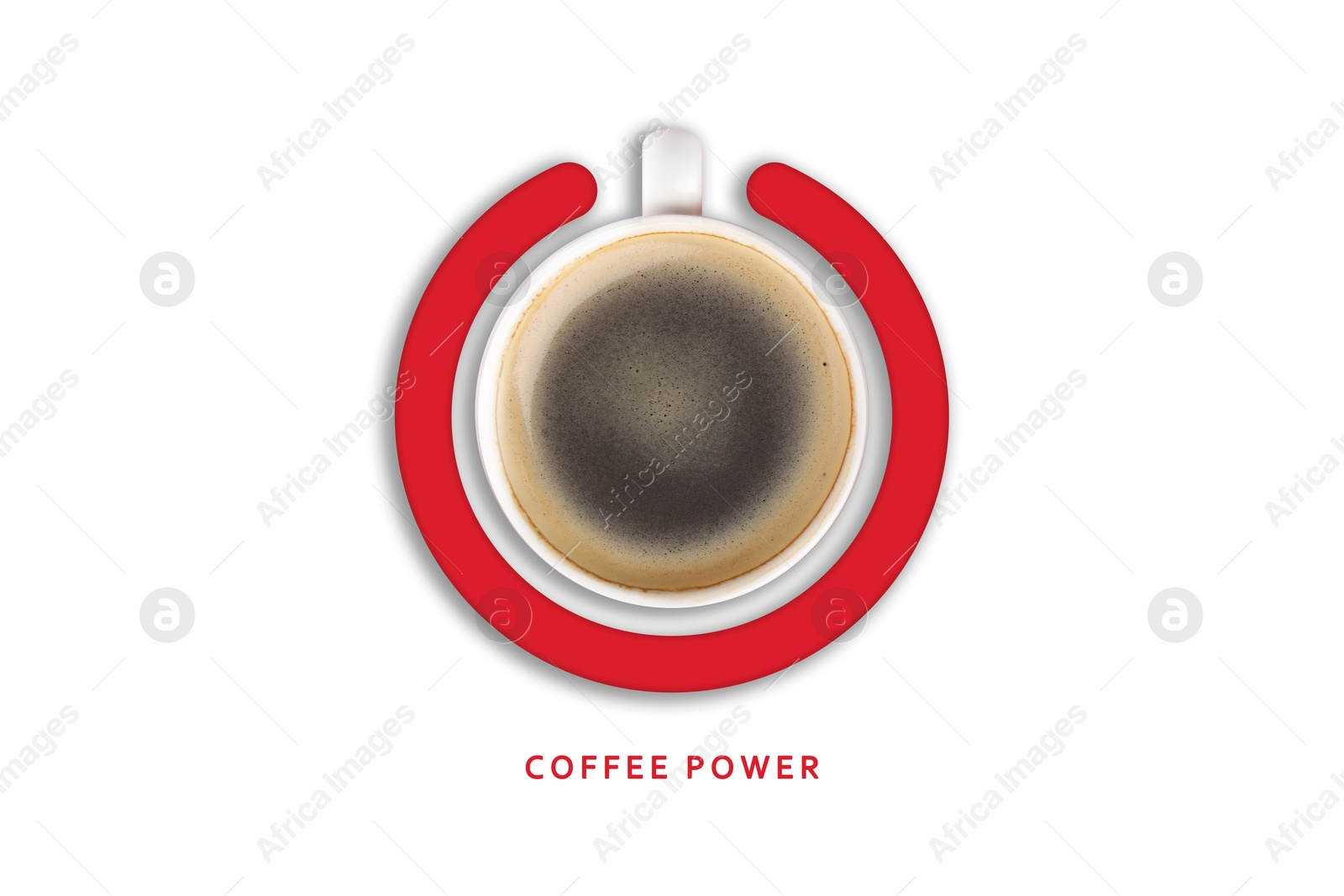 Coffee power. Standby symbol made of cup and circle on white background, top view Image of Coffee power. Standby symbol made of cup and circle on white background, top view