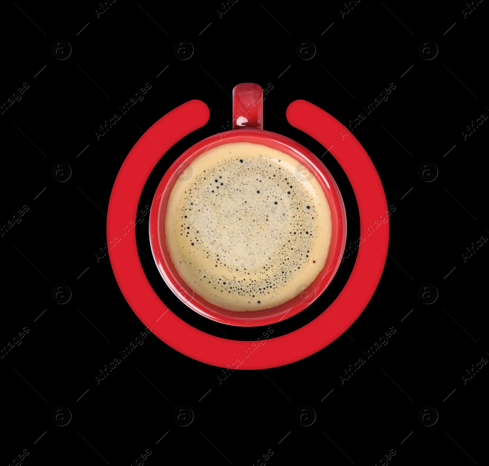 Cup of coffee and circle combined into power symbol on black background, top view Image of Cup of coffee and circle combined into power symbol on black background, top view