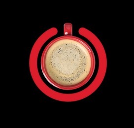 Image of Cup of coffee and circle combined into power symbol on black background, top view