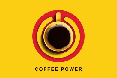 Image of Coffee power. Standby symbol made of cup and circle on orange background, top view