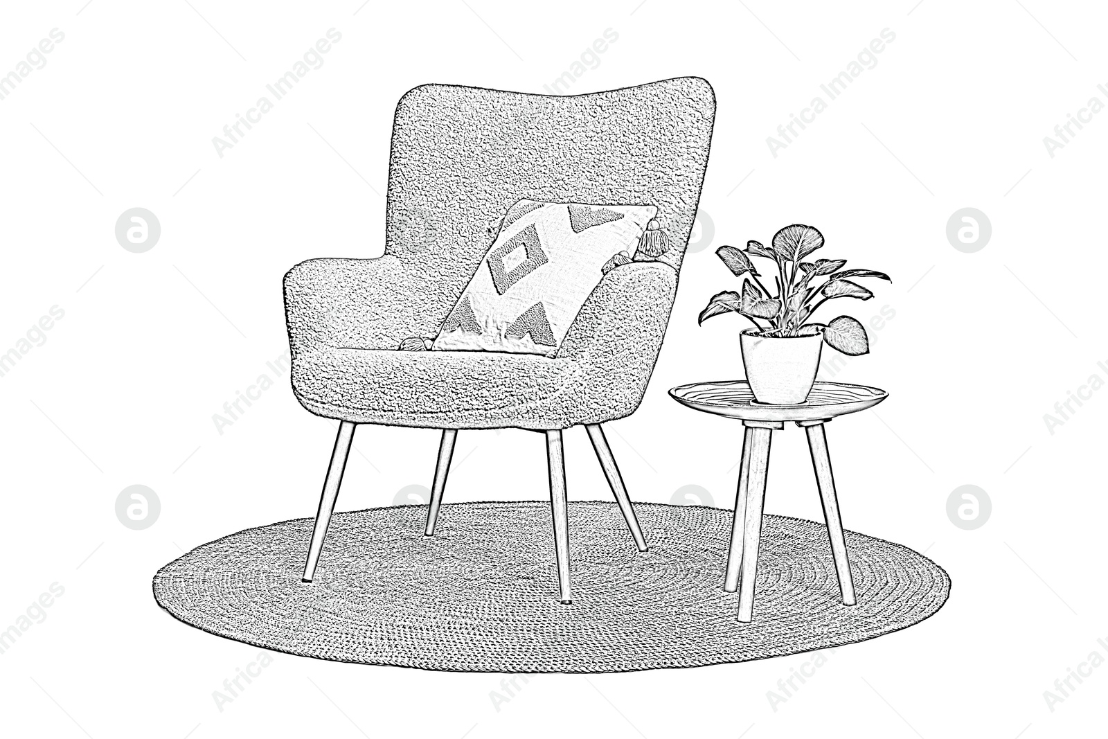 Graphic sketch of armchair, side table with houseplant and rug on white background Image of Graphic sketch of armchair, side table with houseplant and rug on white background