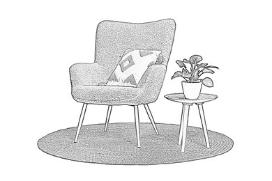 Image of Graphic sketch of armchair, side table with houseplant and rug on white background