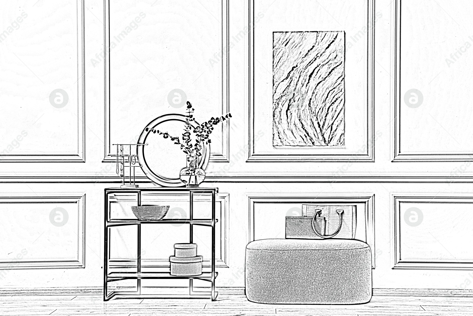 Graphic sketch of room interior with furniture on white background Image of Graphic sketch of room interior with furniture on white background