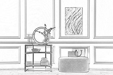 Image of Graphic sketch of room interior with furniture on white background