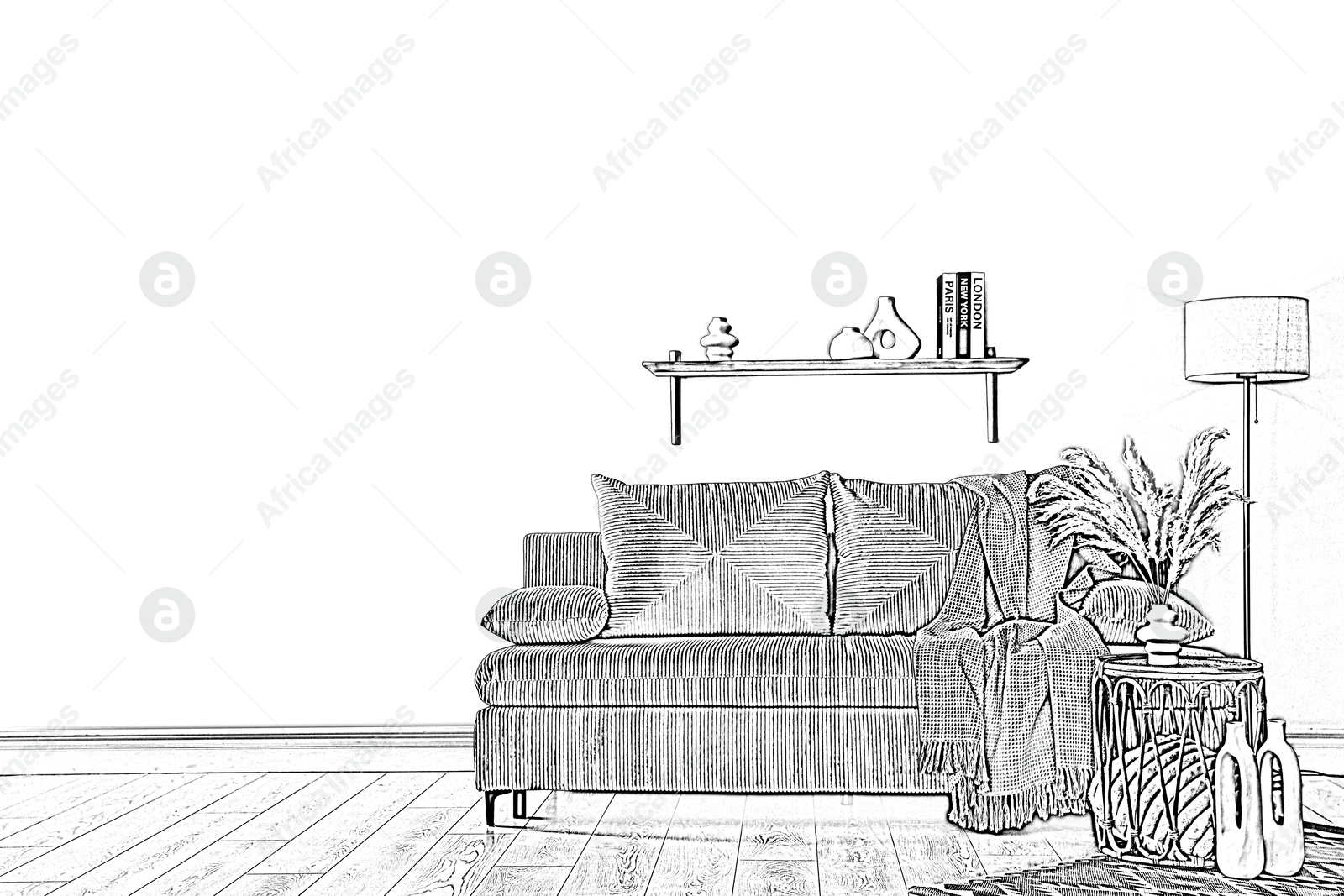 Graphic sketch of room interior with furniture on white background Image of Graphic sketch of room interior with furniture on white background