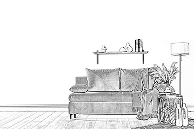 Image of Graphic sketch of room interior with furniture on white background