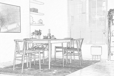 Image of Graphic sketch of room interior with furniture on white background