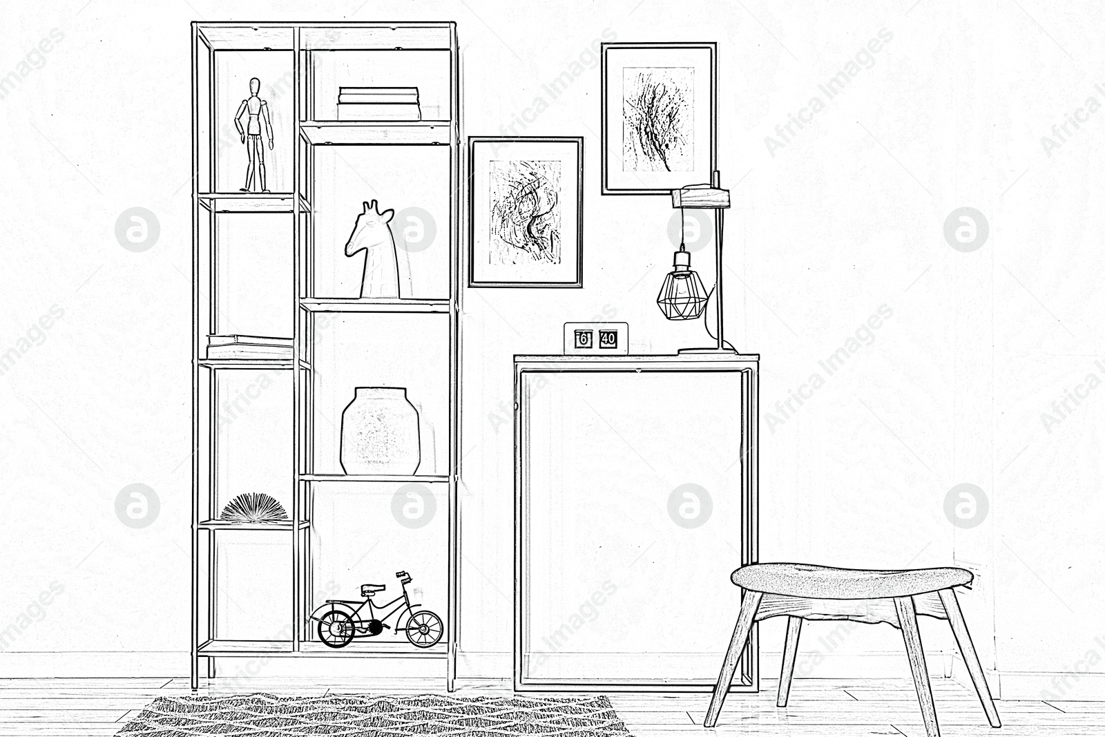 Graphic sketch of room interior with furniture on white background Image of Graphic sketch of room interior with furniture on white background