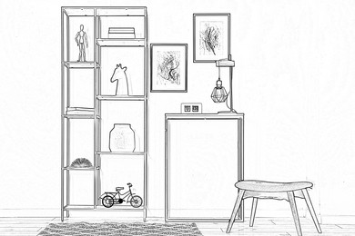Image of Graphic sketch of room interior with furniture on white background